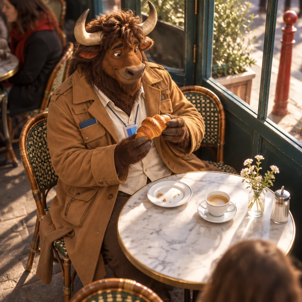High angle of Gaspard occupying two chairs, studying a croissant and not looking up, his café crème still full.