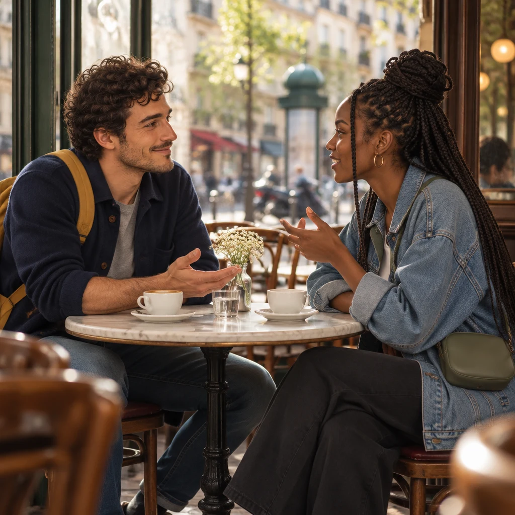 Side-on medium two-shot of Sam and Inès at the café table, Sam with both elbows planted and one open hand inviting the full story.