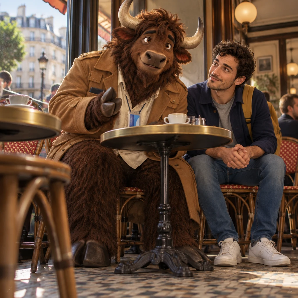 Gaspard leans forward on two chairs with one hoof raised in a frank, confiding gesture while Sam sits beside him.