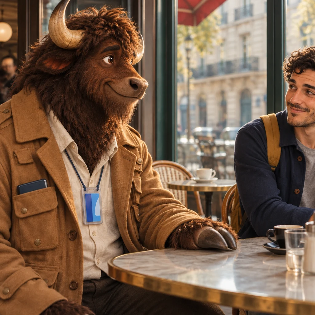 Gaspard flattens a hoof in a wrap-it-up gesture, still on two chairs and not at the window.
