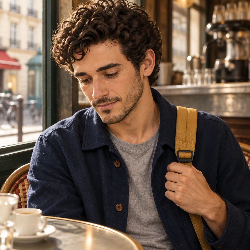 Sam looks down, uncertain, with one hand on a backpack strap.