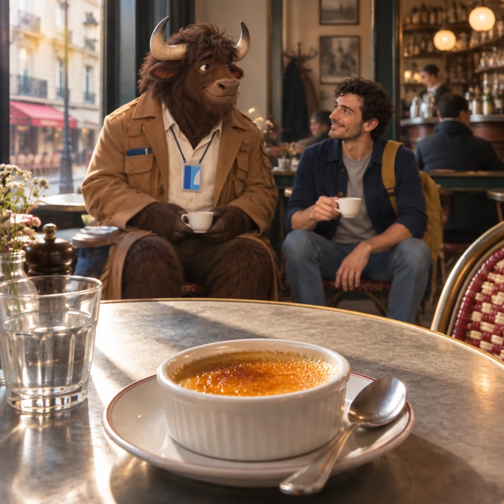 A crème with a cold skin sits unfinished on the window table while Gaspard, still on two chairs, gives a small practical nod.