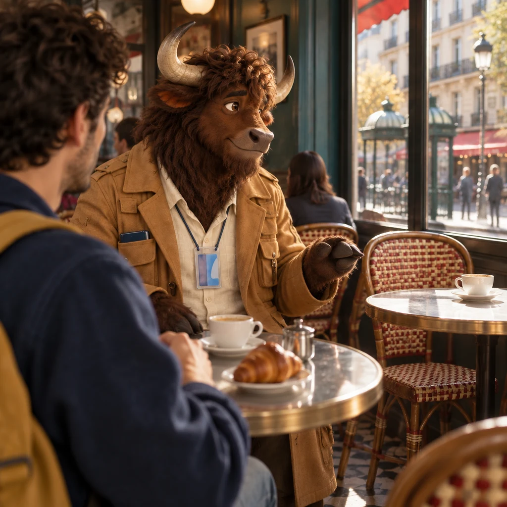 Over Sam's shoulder, Gaspard looks toward the window and goes still, the last gesture unfinished.
