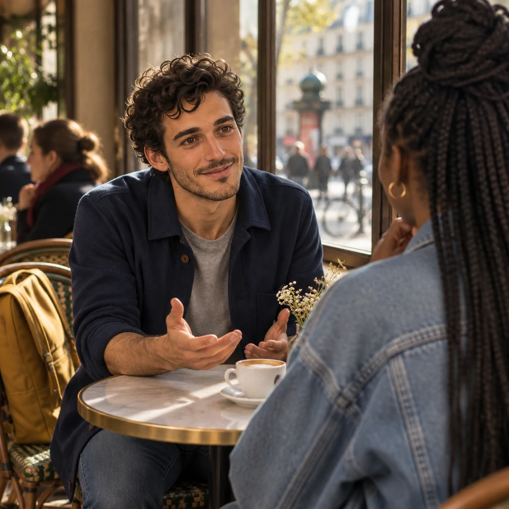 Over Inès’s shoulder, Sam leaning in across the table with open hands, ready to ask something.