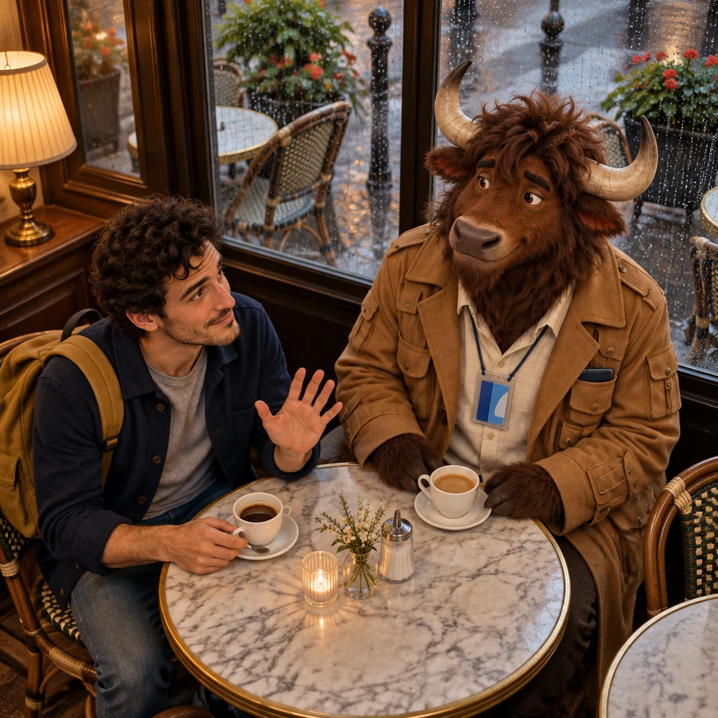 From above, Sam lifts one hand to begin the Lyon story in order while Gaspard listens over an untouched café crème.