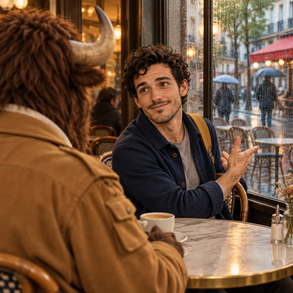 Over Gaspard's shoulder, Sam twists in the chair and circles a hand backward to return to the story.