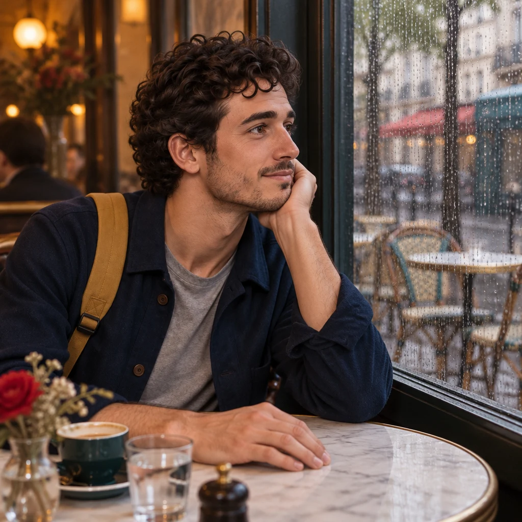 Sam sits at the rainy café table with one hand flat on the marble, looking toward the glass as a realisation lands.