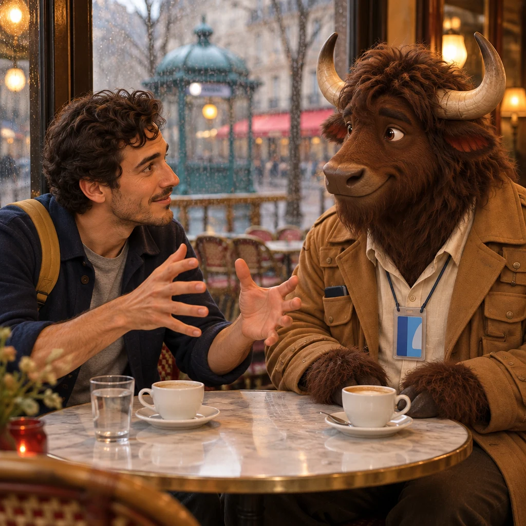 Sam leans across the table toward Gaspard, hands shaping the air so Gaspard can picture the situation.