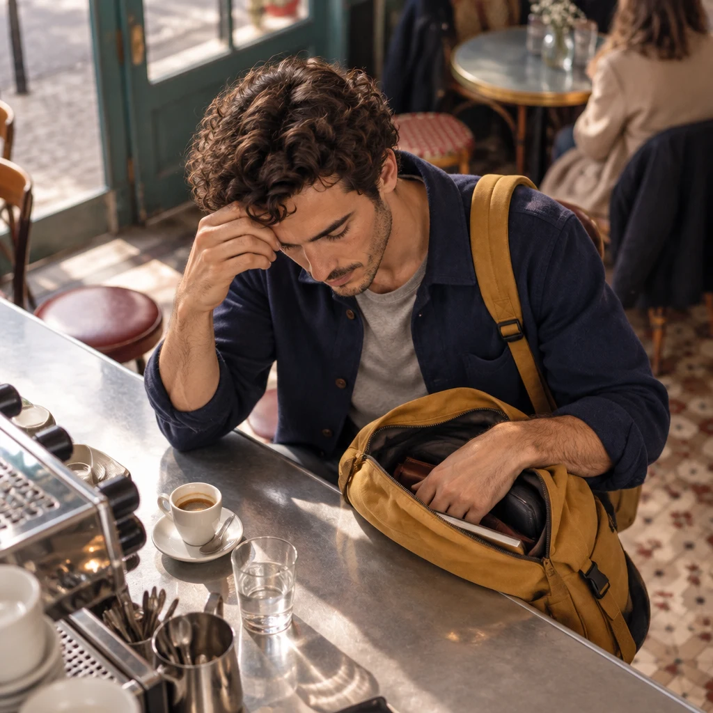 High angle of Sam with his head bowed over the open bag on the zinc, one hand to his forehead as he tries to remember.
