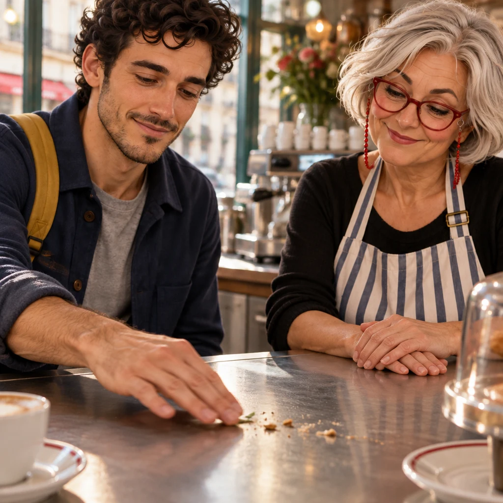Sam's hand flicks the leftover details aside on the zinc counter.