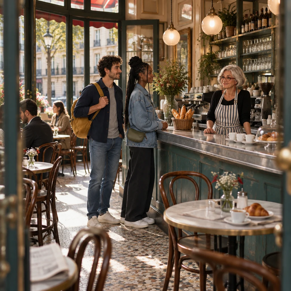 Wide weekday-morning view of Sam and Inès at the zinc counter, with Odile waiting to take their orders.
