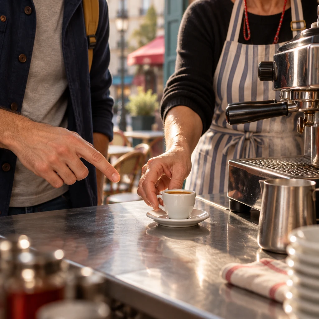 Close-up of a small coffee cup as Odile reaches for it and Sam indicates the cup.