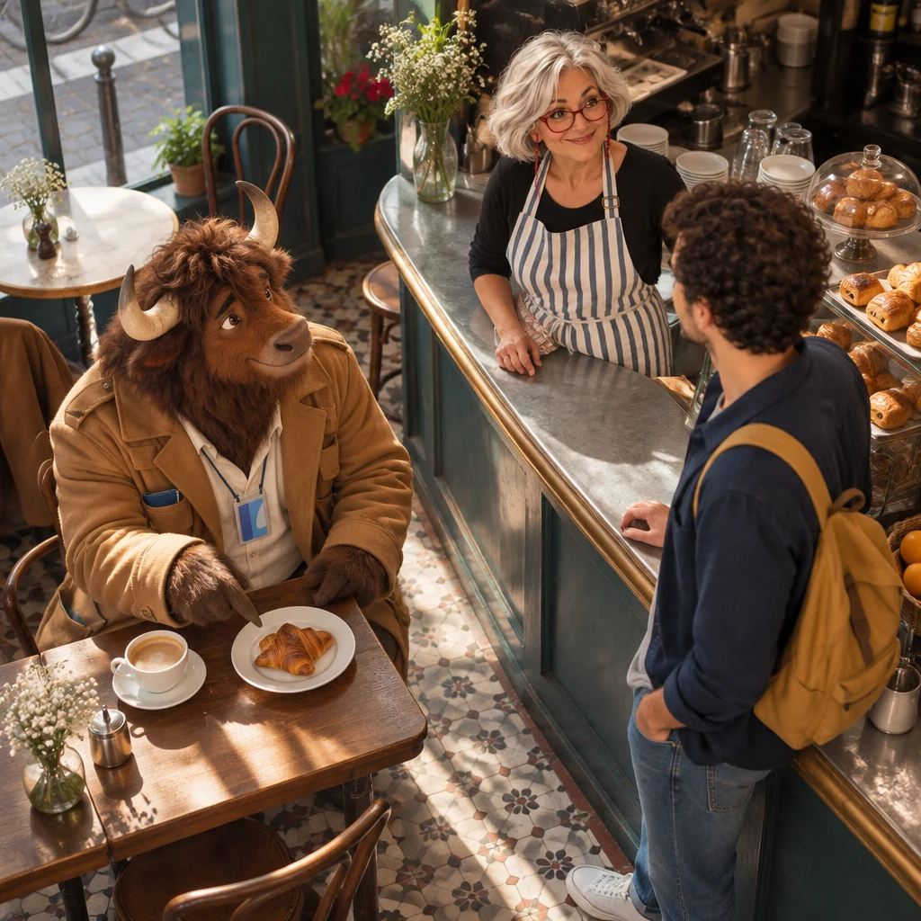 High angle of Gaspard at the next table with an unfinished milky coffee, starting to order a croissant for Sam while Odile looks at Sam and waits.