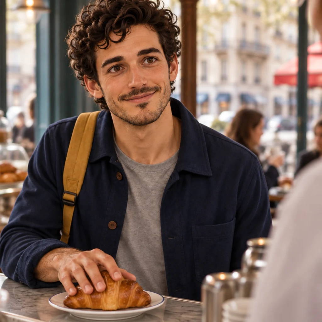 Close-up of Sam with a hand on the chest, claiming the croissant on the counter.