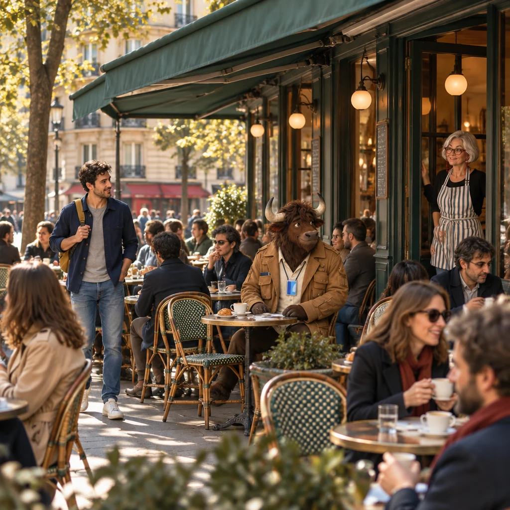 A packed Saturday terrace under the extended awning, with Gaspard occupying two chairs, Sam looking for a seat, and Odile watching from the doorway.