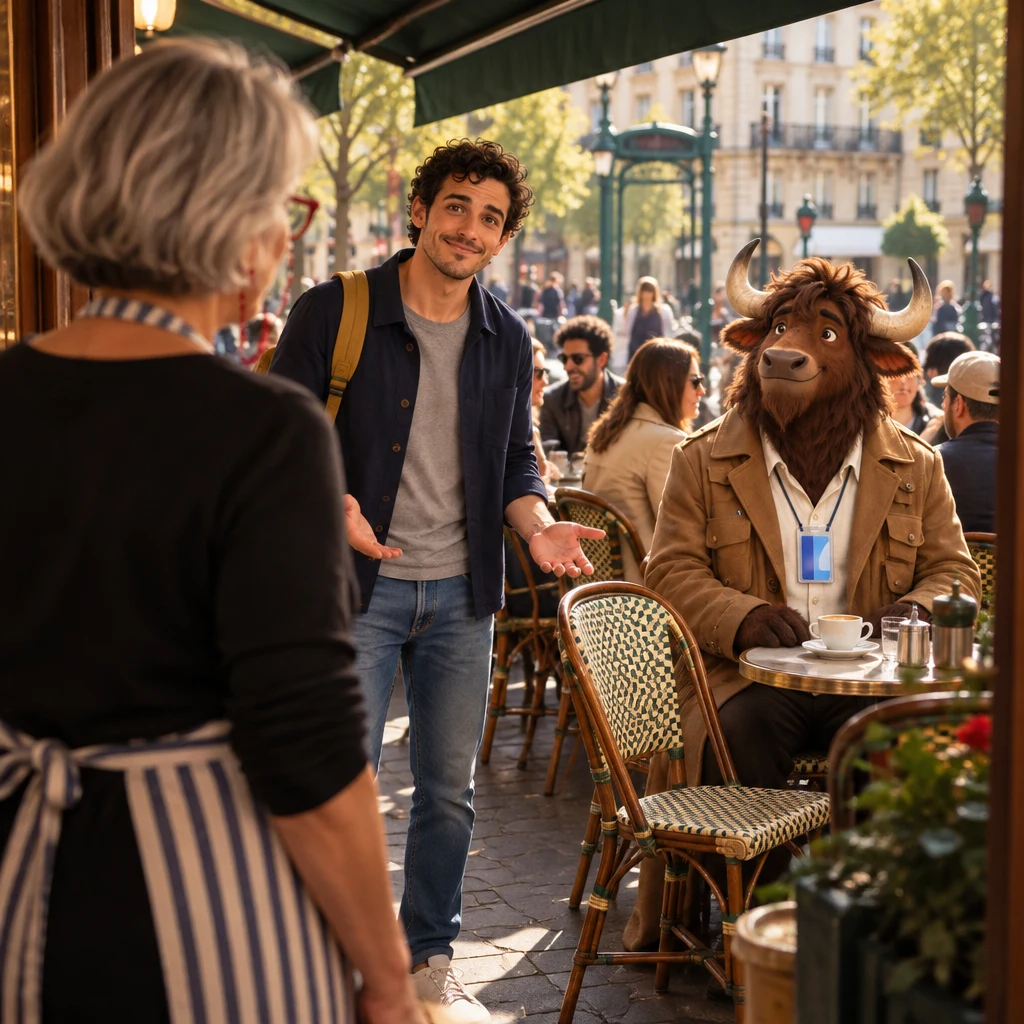 From the doorway behind Odile, Sam stands in the aisle with both hands open, asking to sit on the packed terrace.