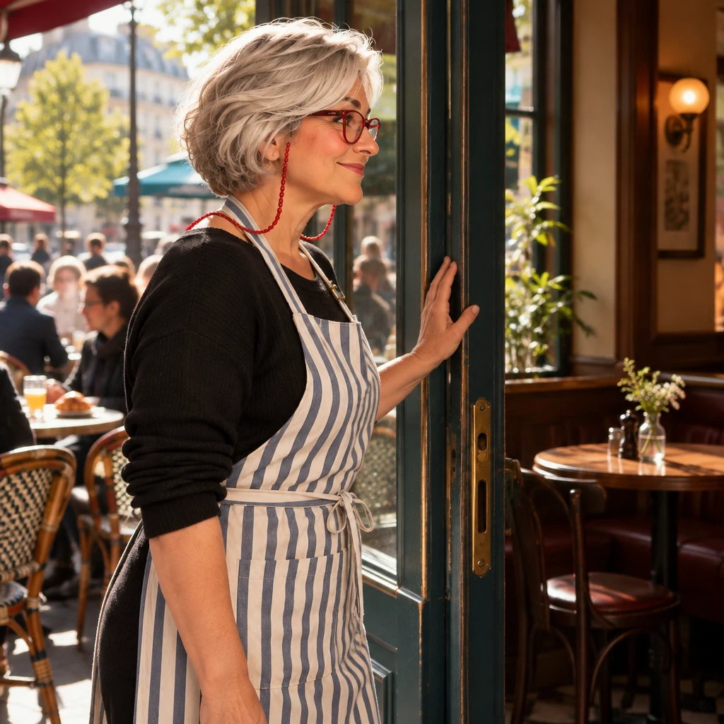 Odile stands in the doorway with one hand on the frame, turning toward the empty indoor table by the window.