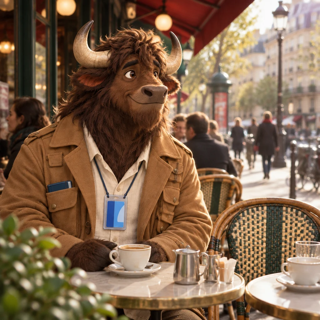 Gaspard sits with two chairs at the terrace table and looks down the sidewalk for the person who has not arrived.