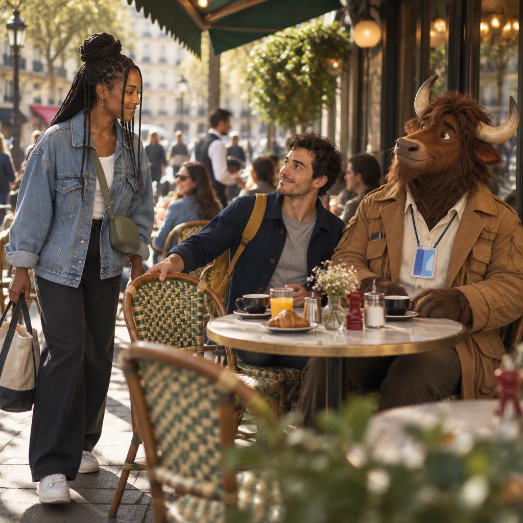 Inès arrives at the terrace table where Sam and Gaspard are sitting, and the group is now complete.