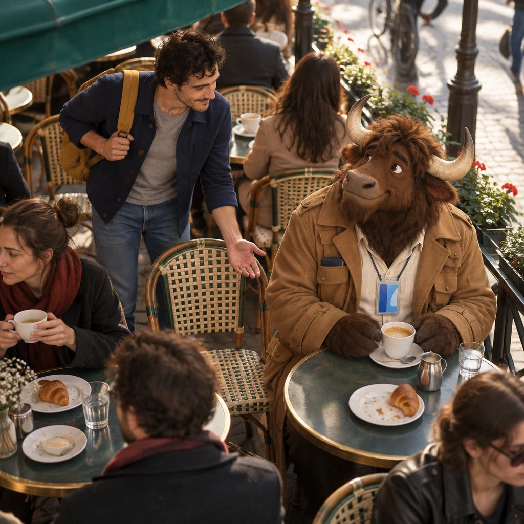 From above, Sam leans in and motions toward the extra space at Gaspard's table, asking to share.