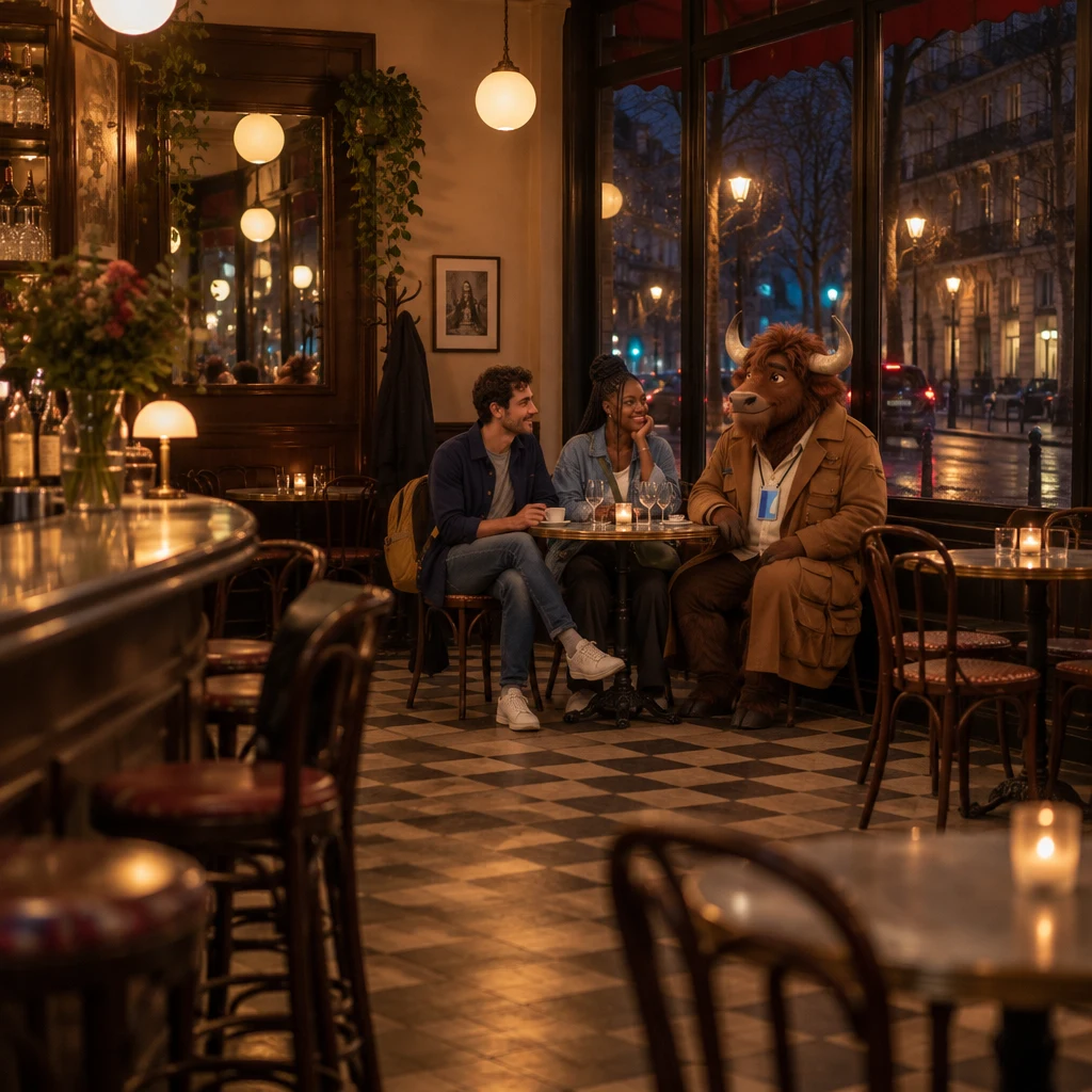 After dinner, Sam, Inès, and Gaspard sit at a café table near the window, with an untouched café crème still on the table.