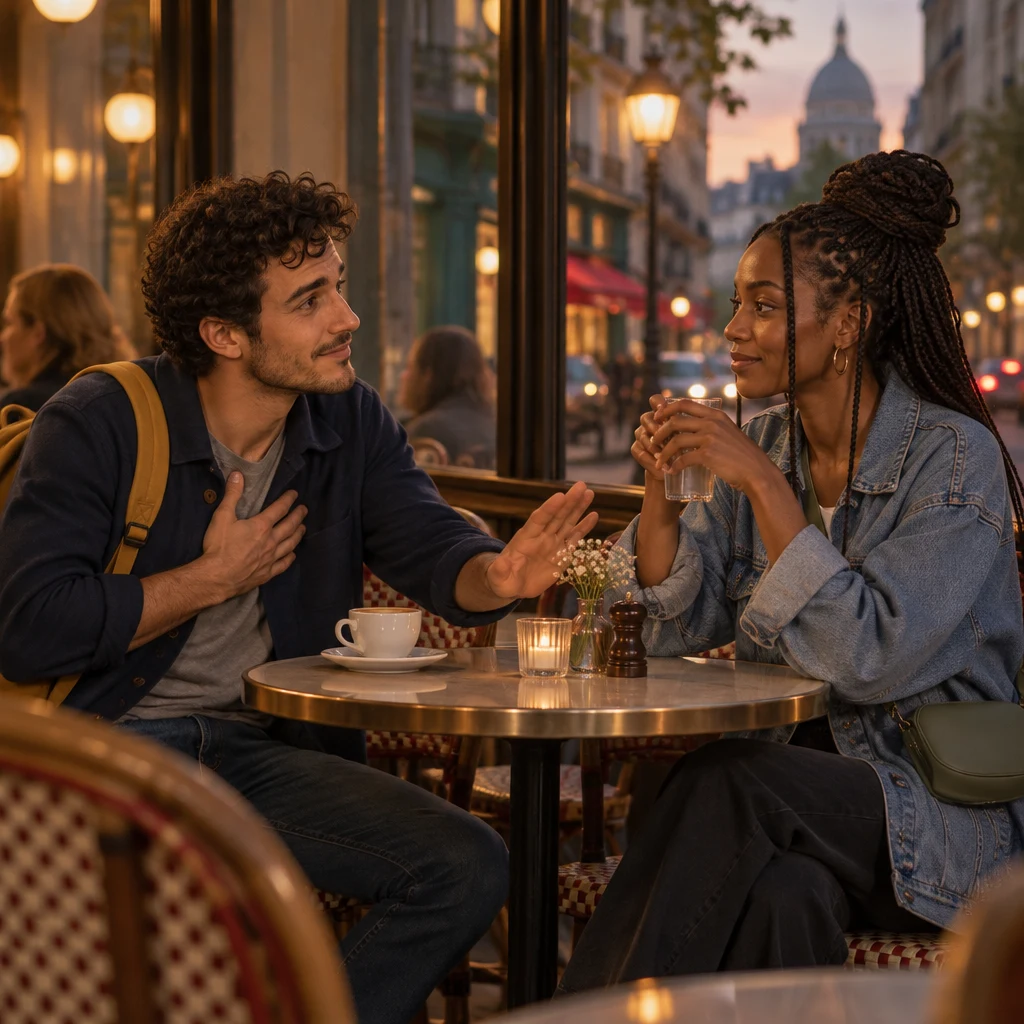 Sam sits across from Inès at the café table and signals that the meal is on Sam.