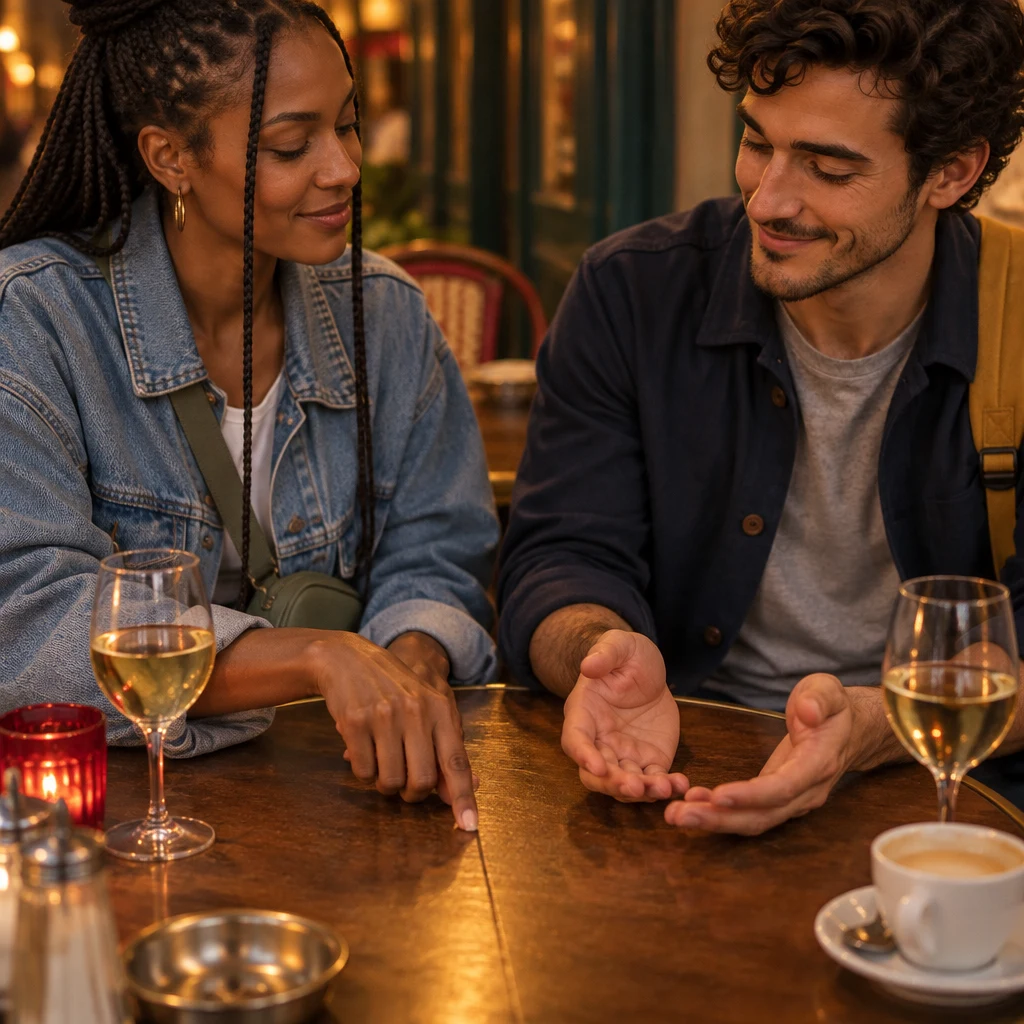 Inès's hands divide the space on the table, offering to split the bill with Sam.