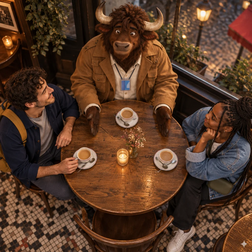 Gaspard sits across two chairs and divides the table into shares so each person pays a part.