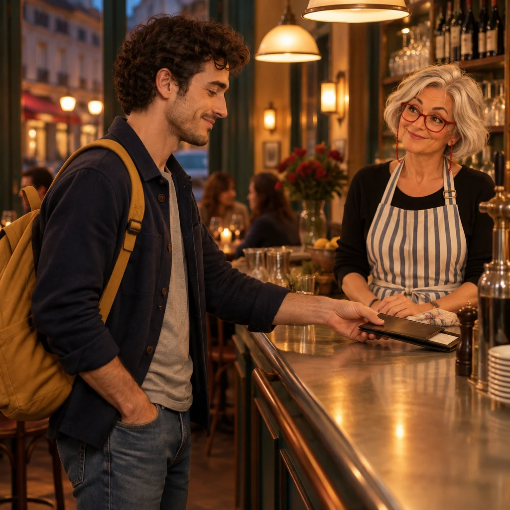 Sam takes the bill folder at the zinc while Odile stands behind the counter.