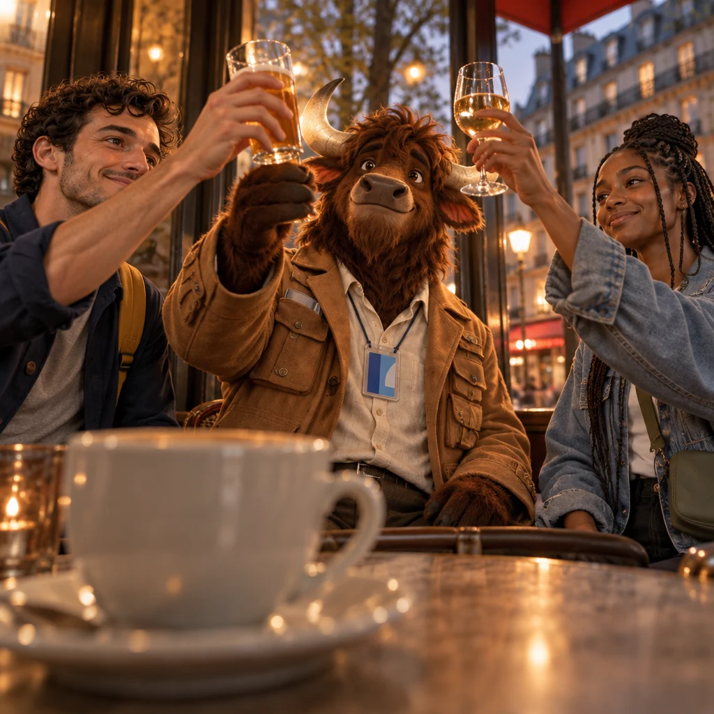 Gaspard raises a glass in a toast from two chairs, with the café crème still full and Sam and Inès lifting glasses at the edges.