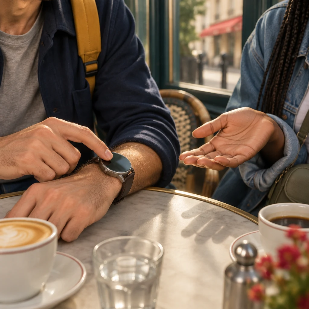 A blank watch on Sam's wrist is tapped on the café table while Inès's open palm asks what time works.