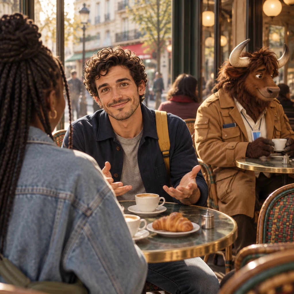 Over Inès's shoulder, Sam opens both hands in an invitation to eat together, with Gaspard at the next table.