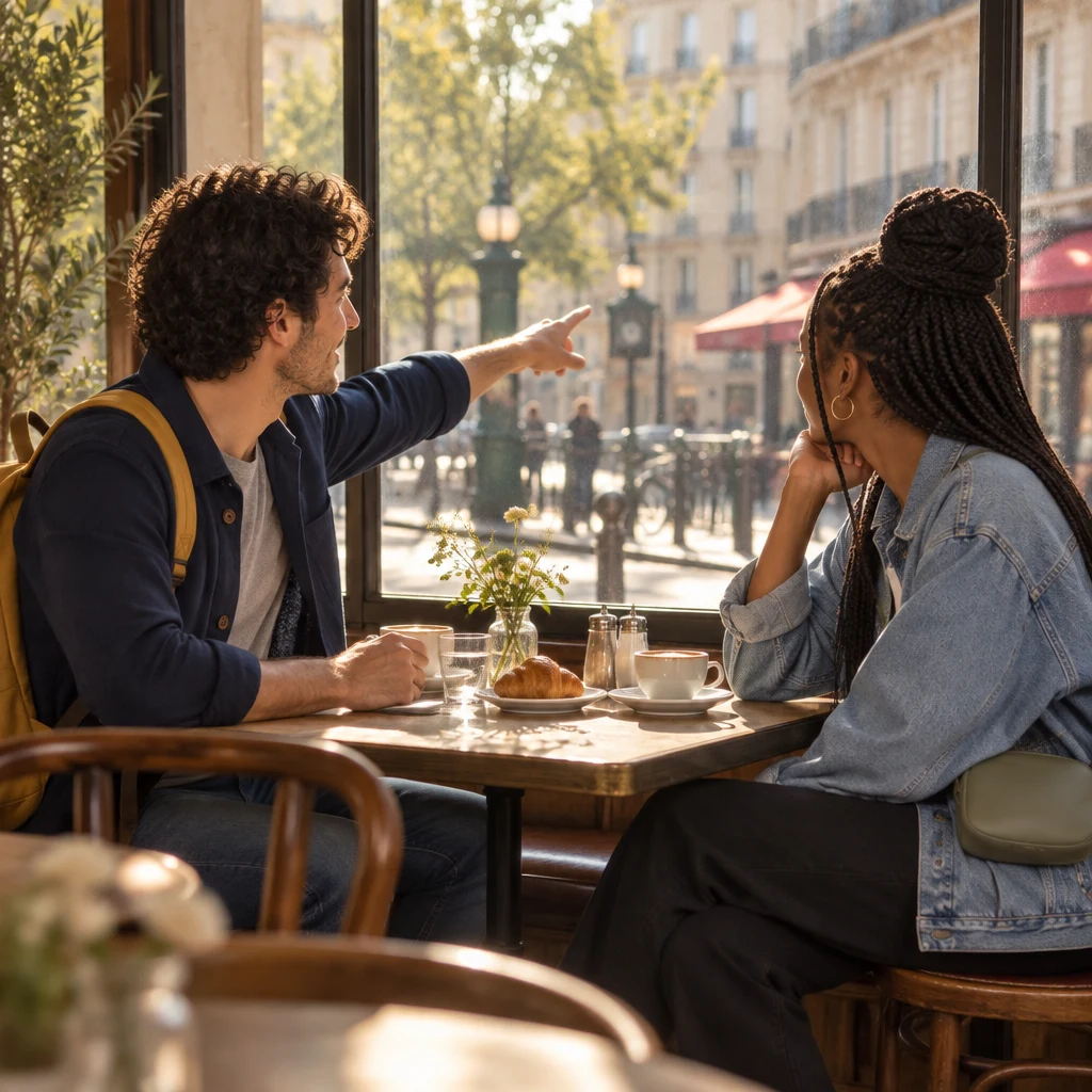 In profile, Sam points toward the street in an offering gesture, proposing a time to Inès.