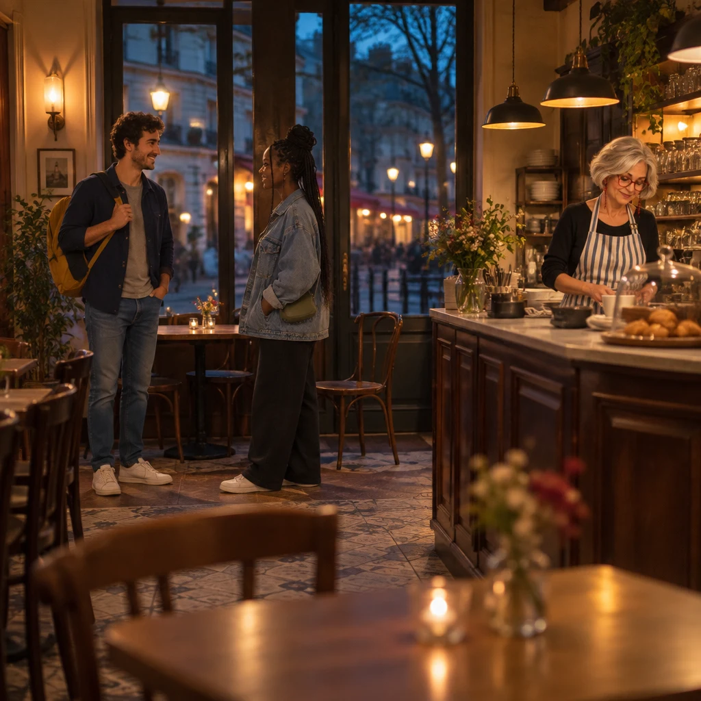 After work, Sam and Inès greet each other beside an empty window table while Odile works behind the counter.