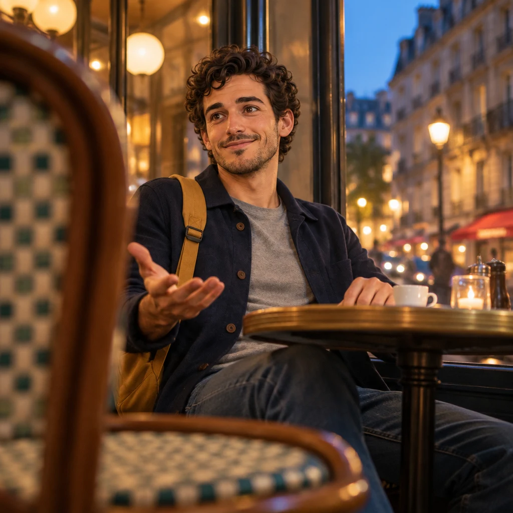 From a low angle, Sam leans back at the window table with an open-hand gesture that the plan works.
