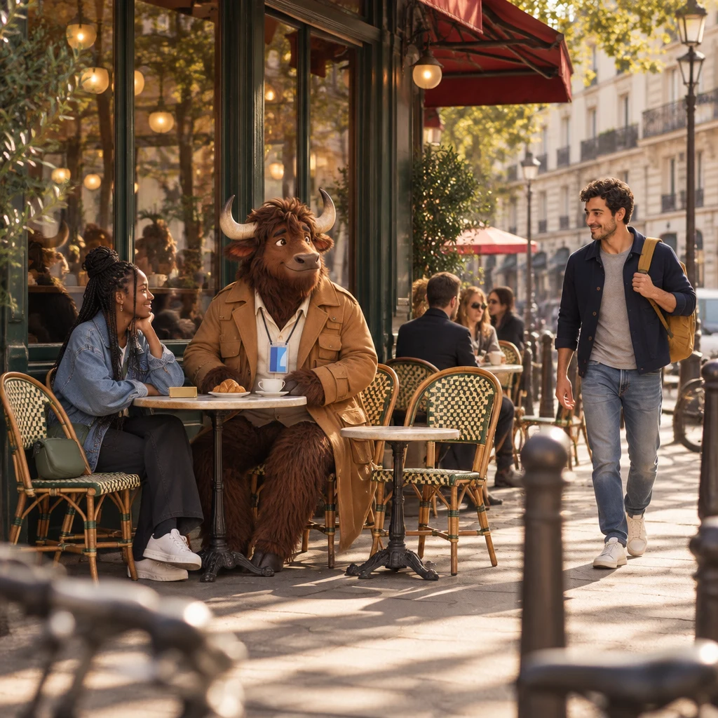 A wide Saturday-morning terrace where Inès sits at the window table, Gaspard sits on two chairs with a croissant and untouched coffee, Sam arrives on foot, a blank brass plate lies on the table, and two chairs stay empty.