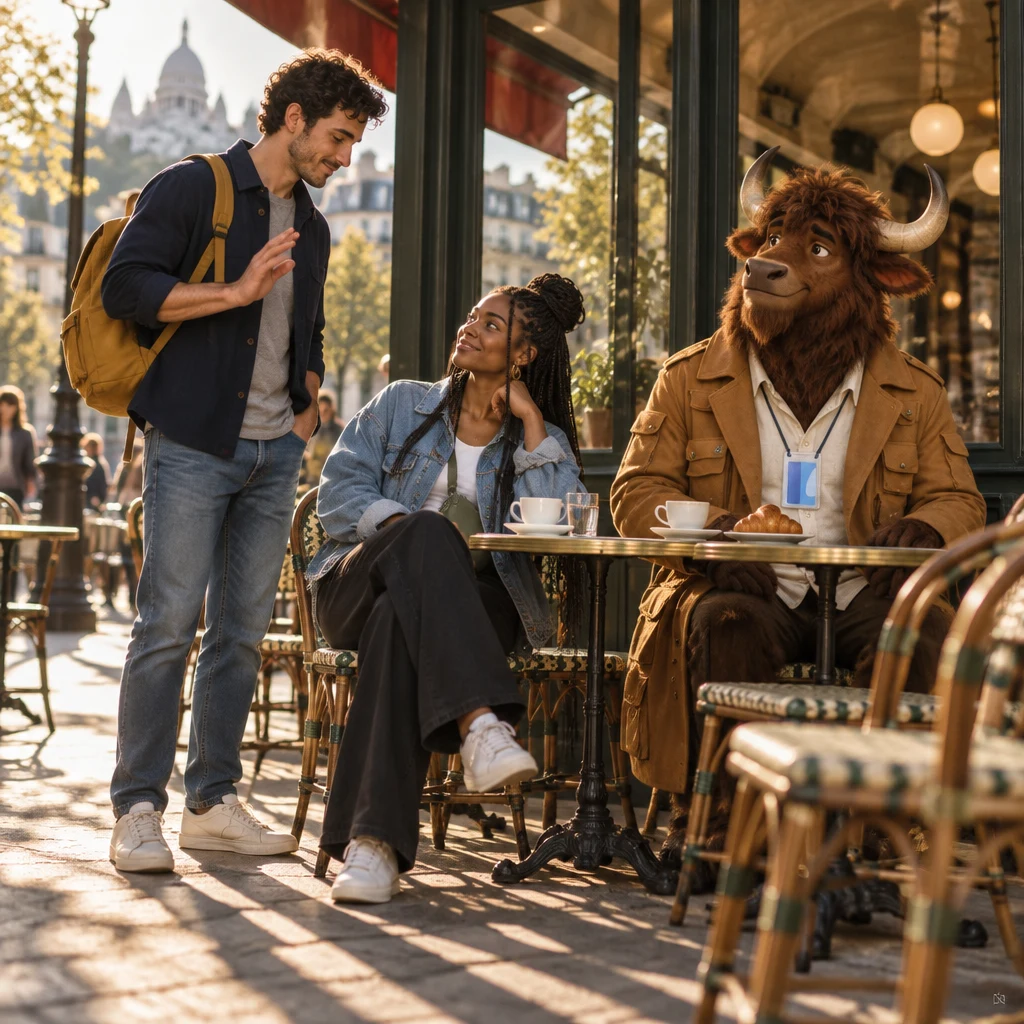 From low on the terrace stones, Sam stands beside the table without sitting, one hand raised in apology, while Inès looks up from the chair and Gaspard stays on two chairs behind.