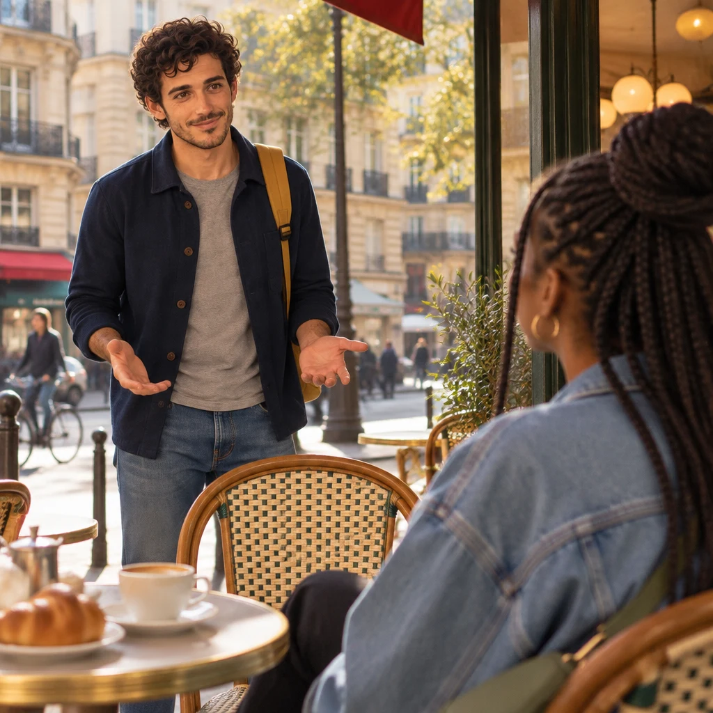 Over Inès's shoulder, Sam stands among the unused chairs with both palms open toward Inès.