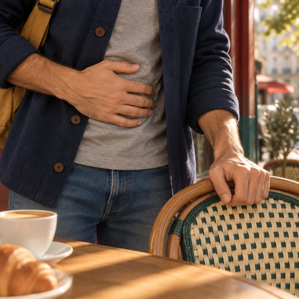 A close view of Sam's hands on the terrace, one pressed to the stomach and the other gripping an empty chair back.