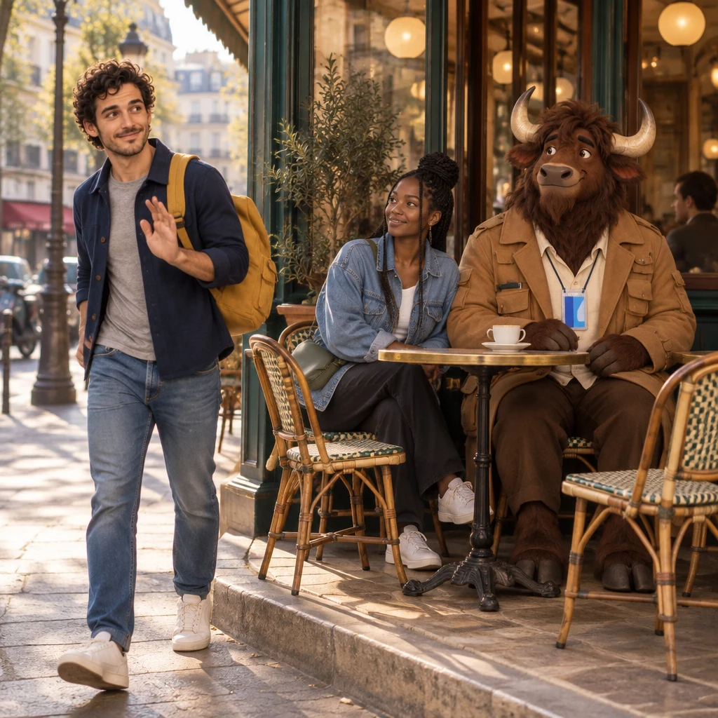 From the sidewalk, Sam is already turning away with a last apologetic hand raised, while Inès stays seated, Gaspard still on two chairs, and the extra chairs remain empty.