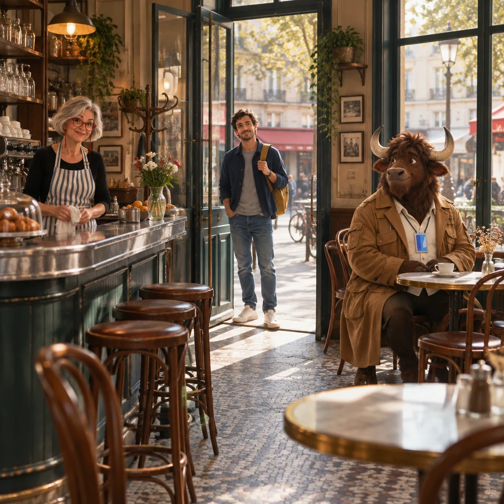 A wide Monday-morning café interior with Odile at the zinc, Sam just inside the door, and Gaspard on two chairs beside the empty window table.
