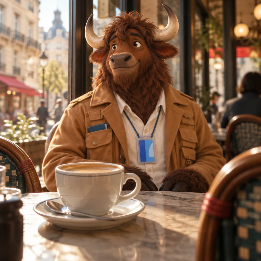A close view of Gaspard’s still-full café crème, with Gaspard idle on two chairs behind it.