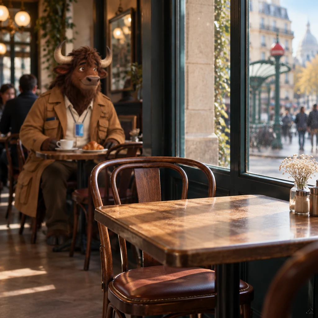 The empty window table sits in focus while Gaspard stays planted on two chairs at the next table.