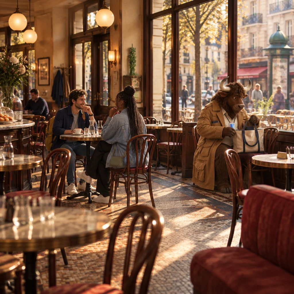 Wide café interior with Sam and Inès just seated at the round table while Gaspard packs a tote on two chairs by the window.