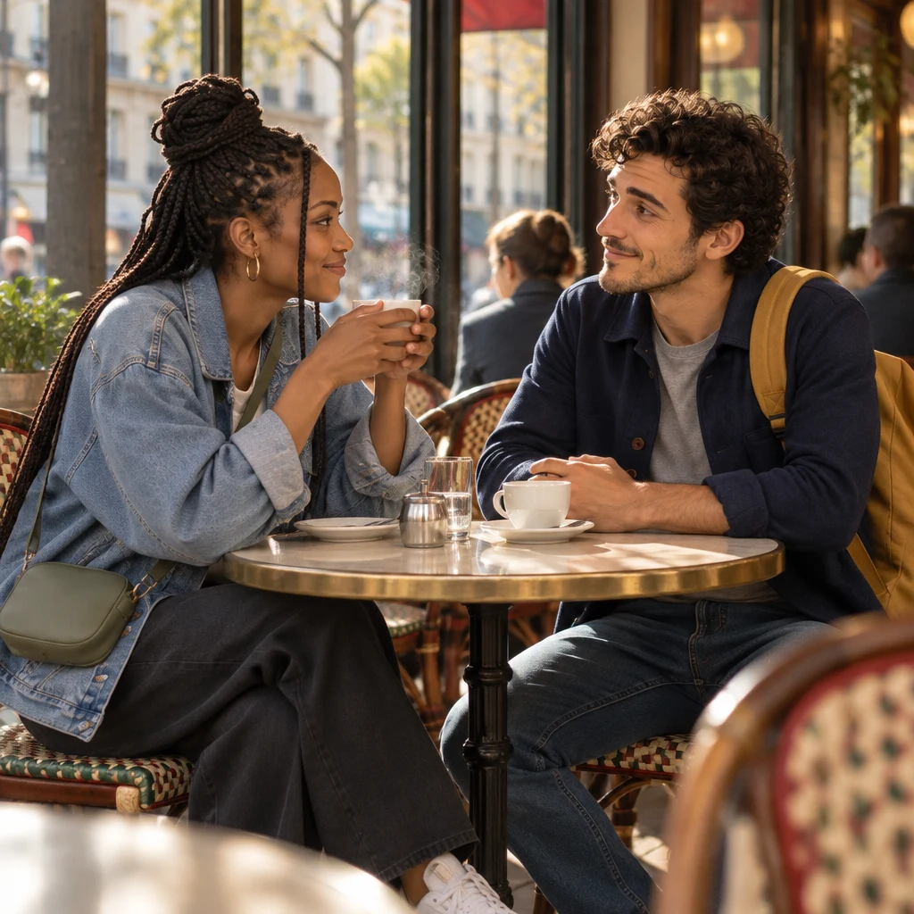 Inès leans across the round table toward Sam with a cup in both hands, waiting on weekend plans.