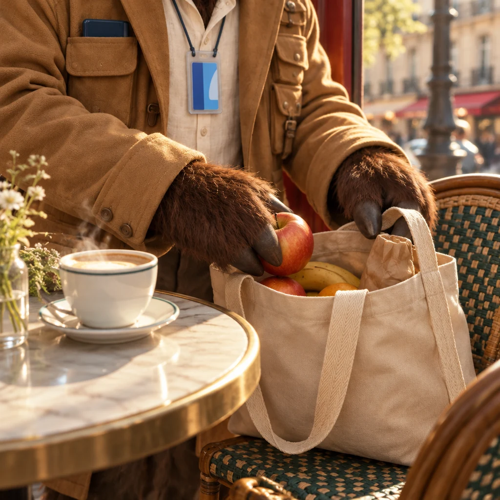 Gaspard’s hands slide fruit into an open tote beside an untouched café crème at the window table.