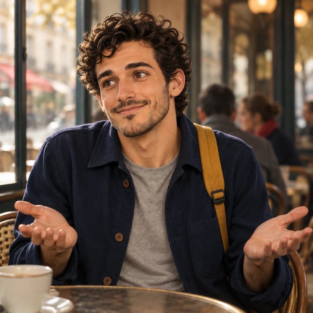 Sam shrugs at the round table with both palms open, still without any weekend plans.