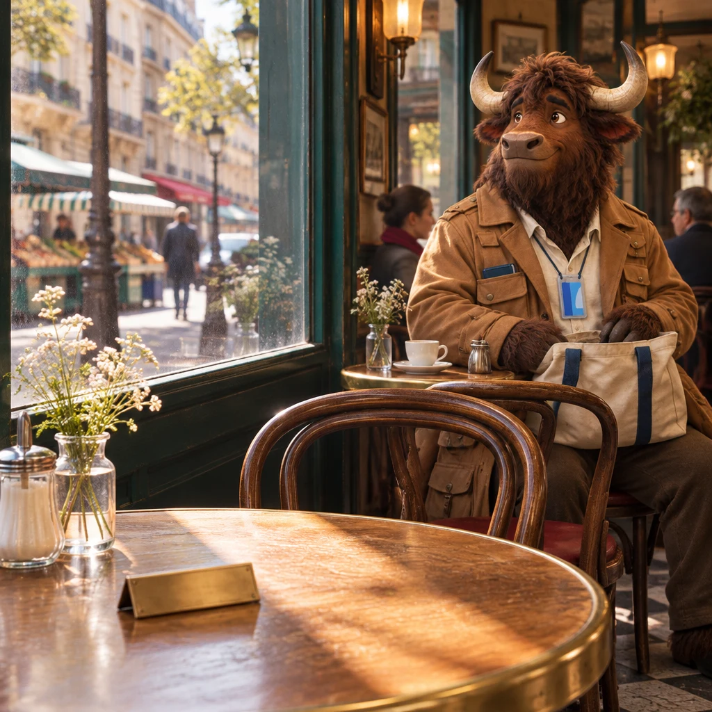 The unused window table and bright street, with Gaspard paused over a tote kept soft in the background.