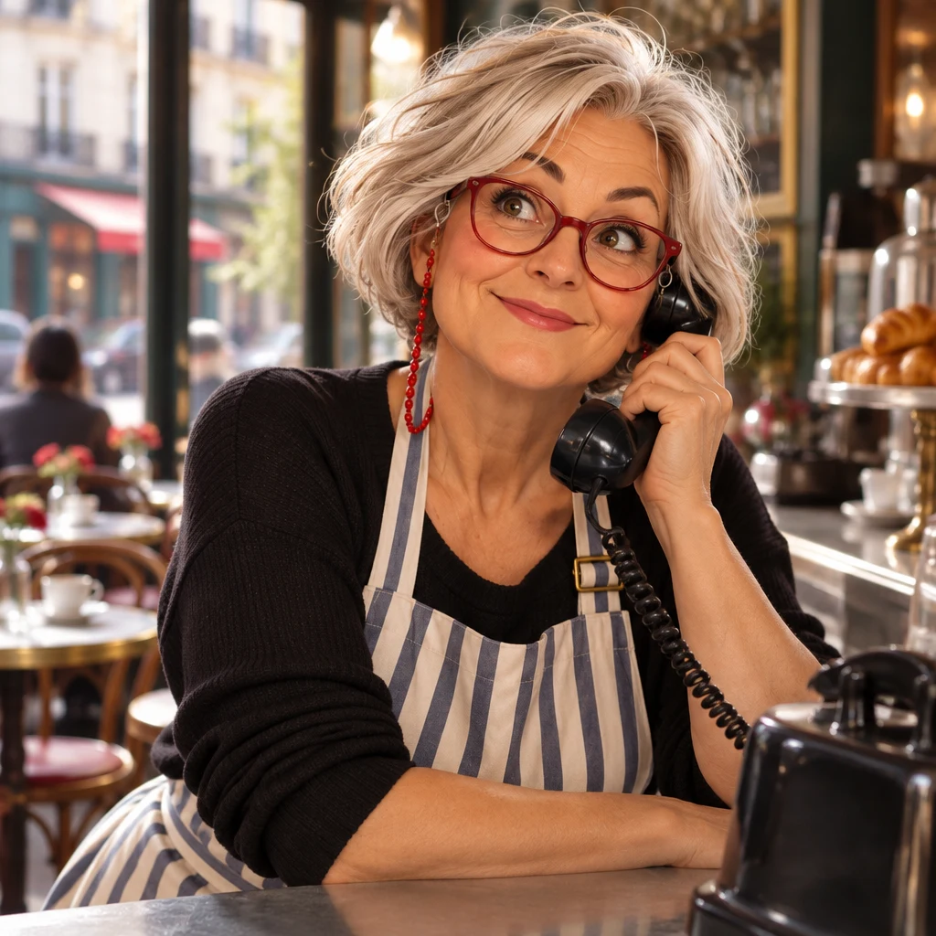 Close-up of Odile at the zinc counter lifting the café telephone to answer a morning call.