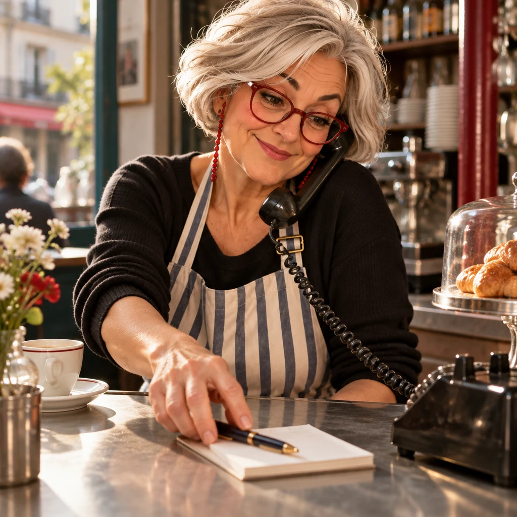 Close-up of the café receiver at Odile’s shoulder and a hand reaching for a notepad on the zinc counter.